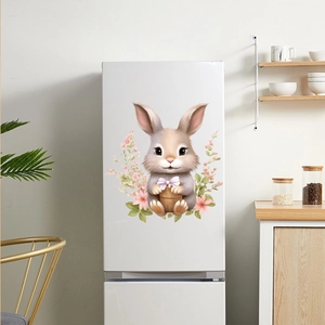 Easter bunny wall sticker featuring cute rabbit with flower basket on white background