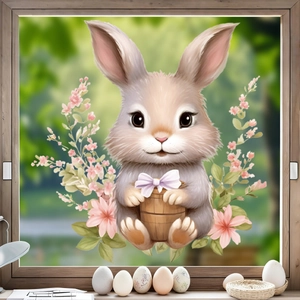 Detail of Easter bunny window sticker with flowers and bow on glass surface