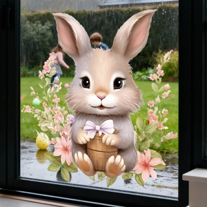 Detailed view of an Easter bunny window sticker with pink flowers on a glass surface