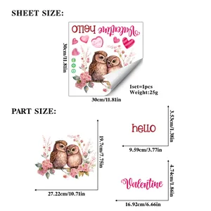 Size guide for Valentine owl window clings showing 30x30cm sheet and pattern dimensions