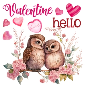 Valentine's Day window stickers featuring watercolor owls on floral branches with hearts