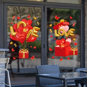 Valentine's Day window stickers with red love balloons and gold LOVE gift box designs