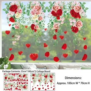 Detail of rose vine wall decals with red hearts and green leaves for window display