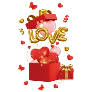 3D Valentines Day static stickers featuring red gift boxes with LOVE hearts for window display