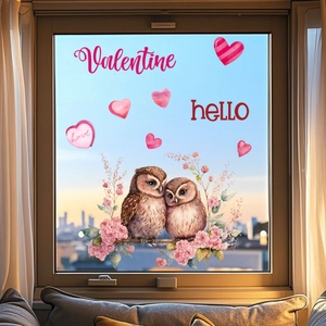 Valentine's Day owl window stickers with pink hearts and cherry blossom decals