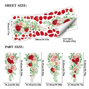 Size chart showing 100x35cm rose flower vine wall stickers with detailed part dimensions