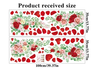 Detailed size guide showing two 35x100cm sheets of rose and heart window stickers