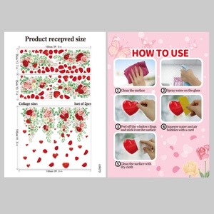 Detailed installation guide and dimensions for rose vine and heart static window stickers