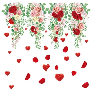 Spring rose vine static window clings with red and pink floral vines and heart decals
