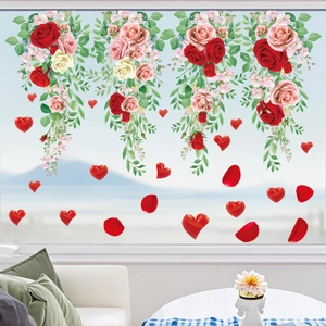 Spring rose vine static window stickers with red and pink floral vines for home decor