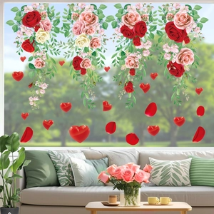 Romantic rose vine window stickers with red hearts for glass window and wall decoration