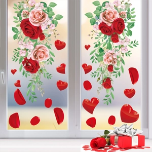 Detail view of rose flower vine static window clings with hearts on glass panels
