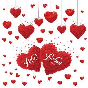 Red heart-shaped Valentine stickers with Love lettering for glass window decoration