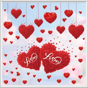 Red heart-shaped Valentine's Day window stickers with 3D Love design on blue background