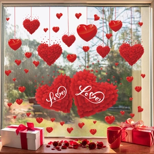 Red heart window clings with Love lettering for Valentine's glass window decoration