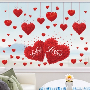 Detail of red heart window stickers with white Love calligraphy for Valentine's Day decor