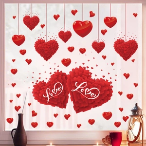 Romantic Valentine heart window stickers on glass with Love text and ambient lighting