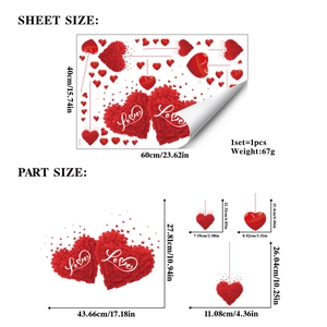 Detailed size chart for red heart wall stickers with Love text in various dimensions