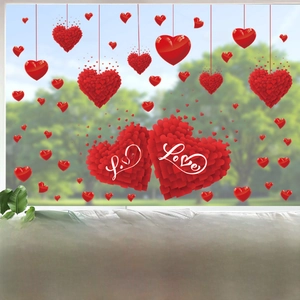 Detail of red heart window stickers with Love text for Valentine window decoration