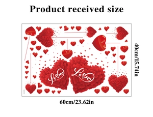 Detail view of red heart stickers with Love text, 60x40cm PVC window clings for Valentine