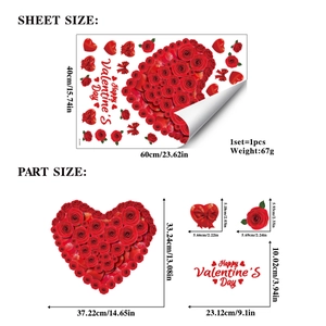 Detailed dimensions for Valentine's Day heart rose wall decal set, 40x60cm sheet size