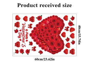 Detailed size chart for Valentine's Day heart rose wall decal measuring 60x40cm