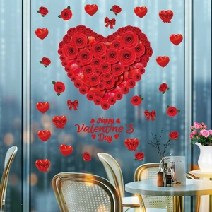 Valentine's Day Window Stickers PVC Heart Red Rose Static Clings Romantic Party Home Decor For Glass Wall Mirror