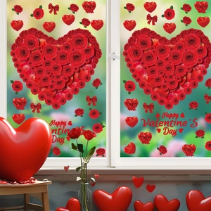 Valentine's Day heart window stickers with red roses and Happy Valentine's Day text art