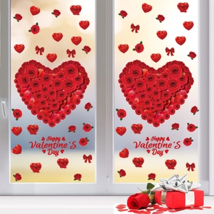 Valentine's Day red rose heart window clings set with Happy Valentine's Day text