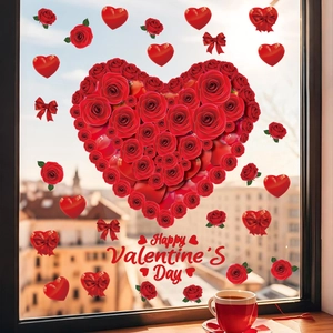 Valentine's Day red rose heart window stickers with Happy Valentine's Day text