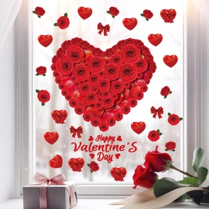 Close-up of heart-shaped red roses wall sticker and Happy Valentine's Day text design