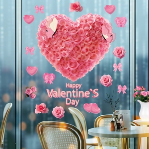 Stickers de fenêtre Saint-Valentin avec cœur de roses roses et papillons pour vitrines