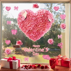 Stickers de fenêtre avec cœur de roses, papillons et message Happy Valentine's Day