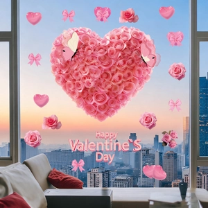 Stickers de fenêtres romantiques avec cœur de roses roses pour la Saint-Valentin