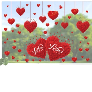 Red Valentine heart window stickers with Love text for romantic glass decor display