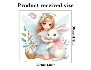 Size detail of Easter window sticker showing 30x30cm dimensions with angel and bunny art