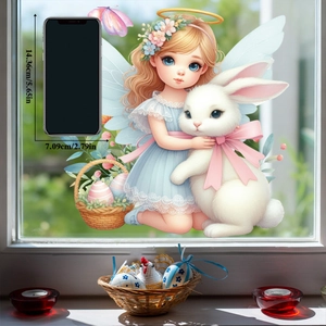 Detailed view of Easter static window cling featuring a cute angel holding a rabbit