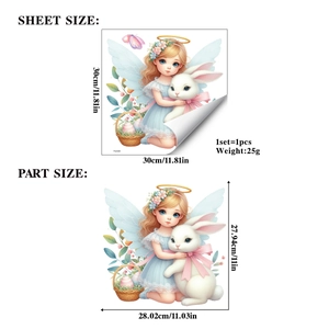 Detail view of Easter window sticker showing angel hugging bunny with eggs and dimensions