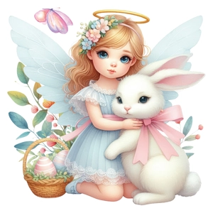 Easter electrostatic window stickers featuring cute angel girl with rabbit and colored eggs