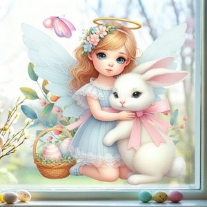 Easter static window cling featuring a cute angel hugging a rabbit with colorful eggs