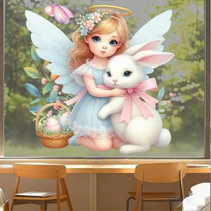 Easter static window sticker featuring cartoon angel with rabbit on glass window
