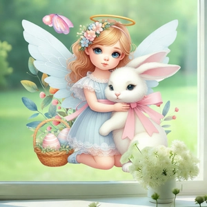 Easter electrostatic window stickers featuring angel, bunny and floral elements on glass