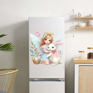 Detailed Easter window sticker showing a cute angel girl and bunny on a white fridge