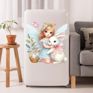 Easter static window sticker featuring an angel girl hugging a rabbit on a white fridge