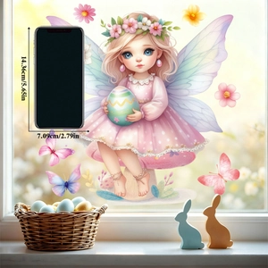 Detail view of Easter fairy window stickers with pastel eggs and flowers on a glass surface