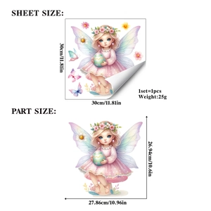 Detailed sheet size guide for Easter angel wall stickers with floral and butterfly motifs