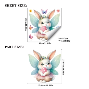 Detailed dimensions of the Easter rabbit wall decal with angel wings and egg decoration