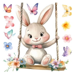 Adesivo murale con coniglietto di Pasqua su altalena con fiori e farfalle ad acquerello