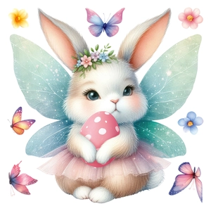 Easter bunny window decal with fairy wings holding a pink egg and floral wreath