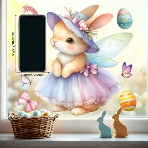 Detail of Easter bunny window sticker with flower hat and wings on a glass pane